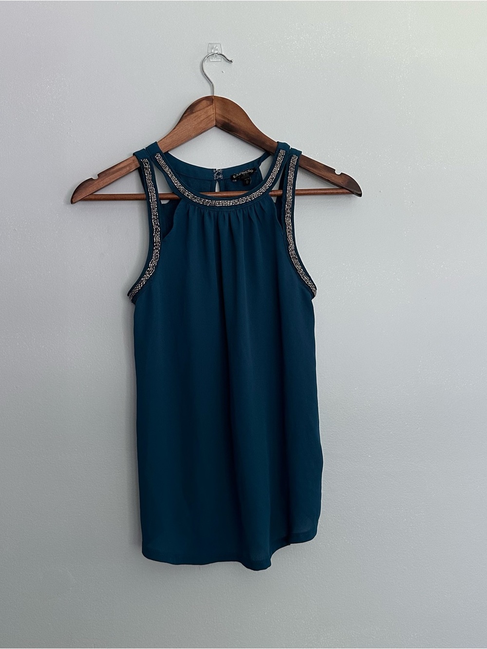 Express Teal Beaded Halter Blouse Cutout Shoulder Pleated Party Tank XS